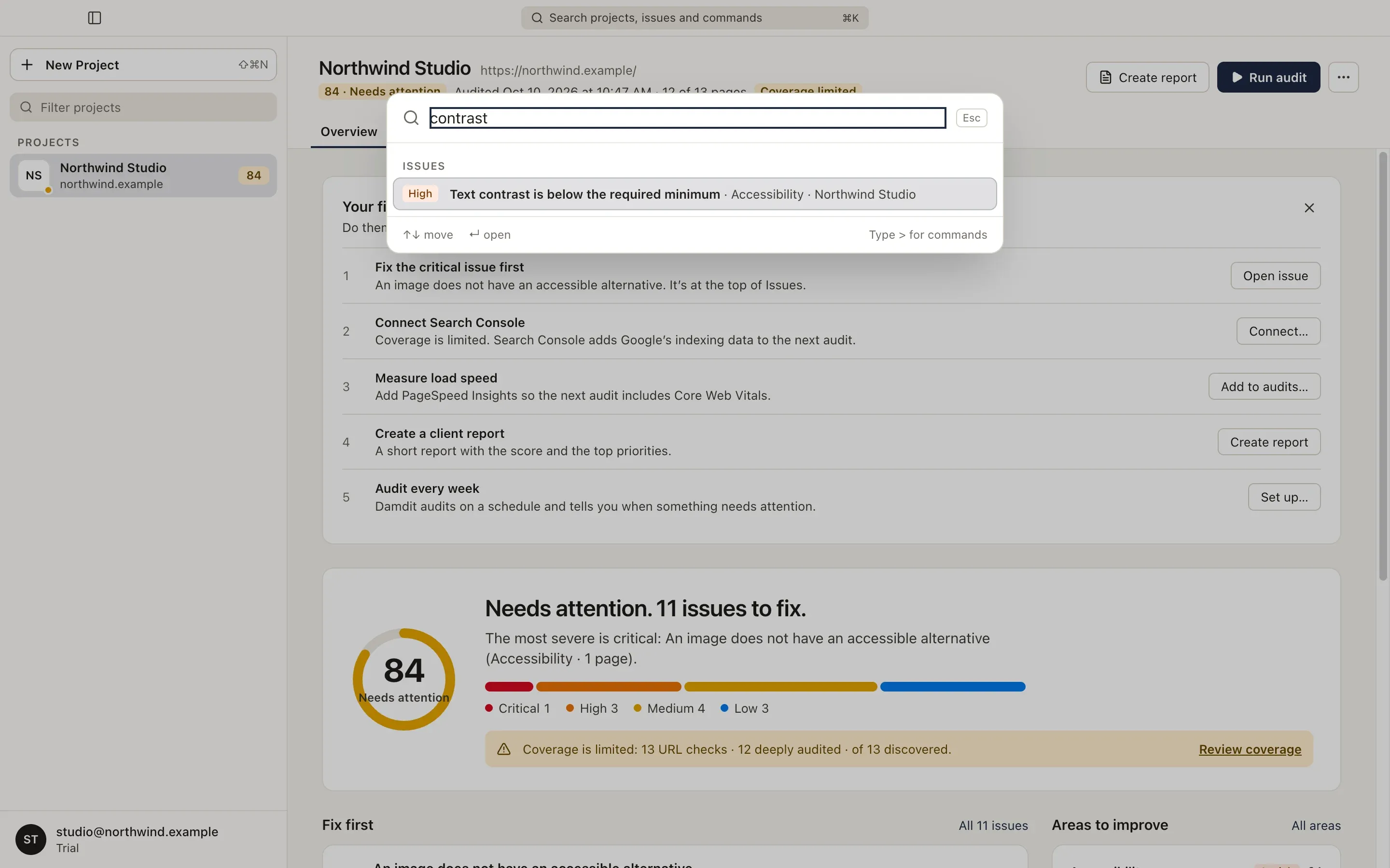 The command palette searches projects, issues and commands.