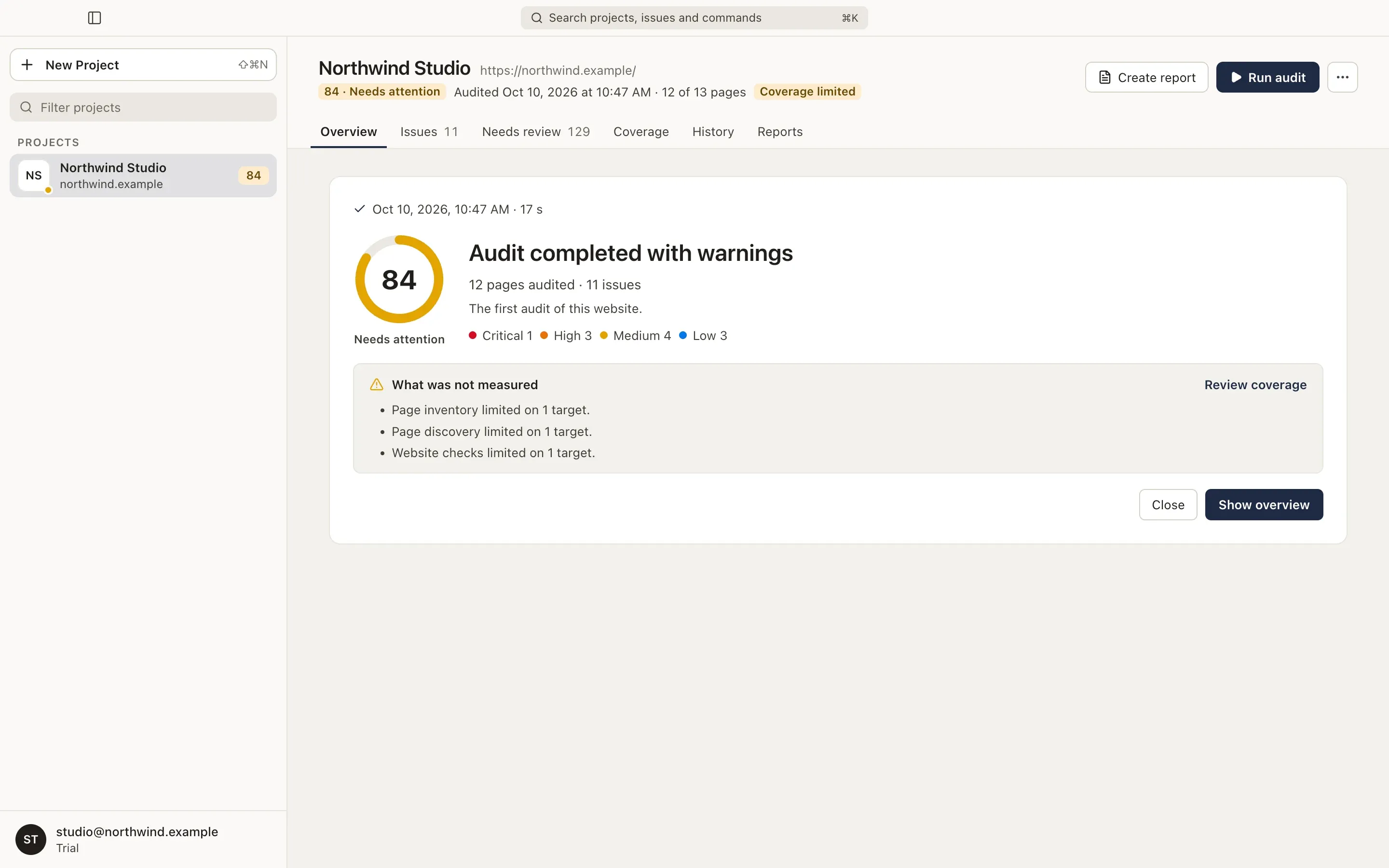 The completed audit: score, pages audited, issues and what was not measured.