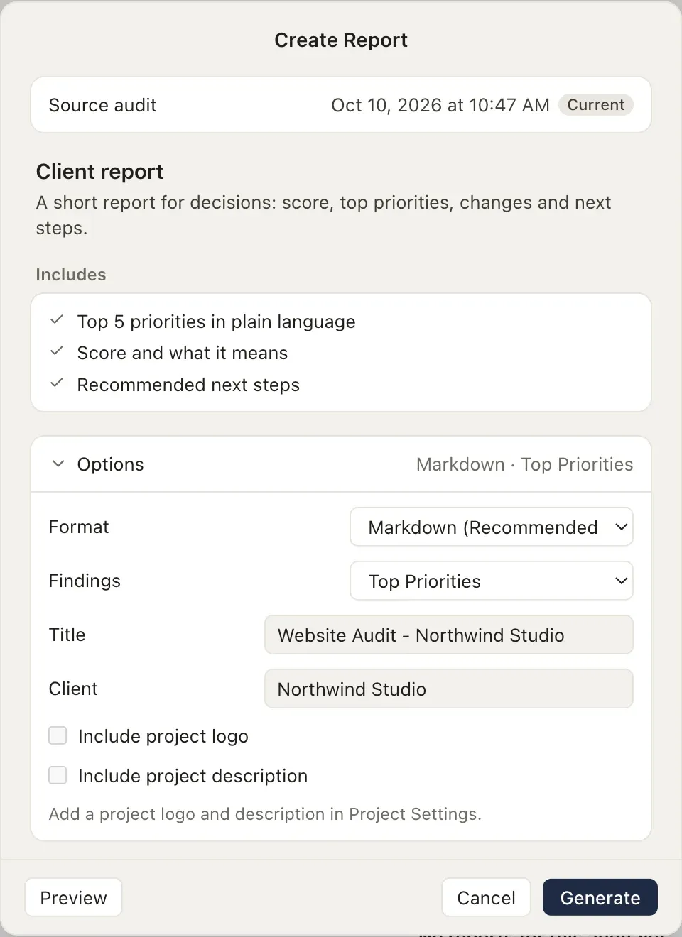 Create Report: what the report includes and its options.