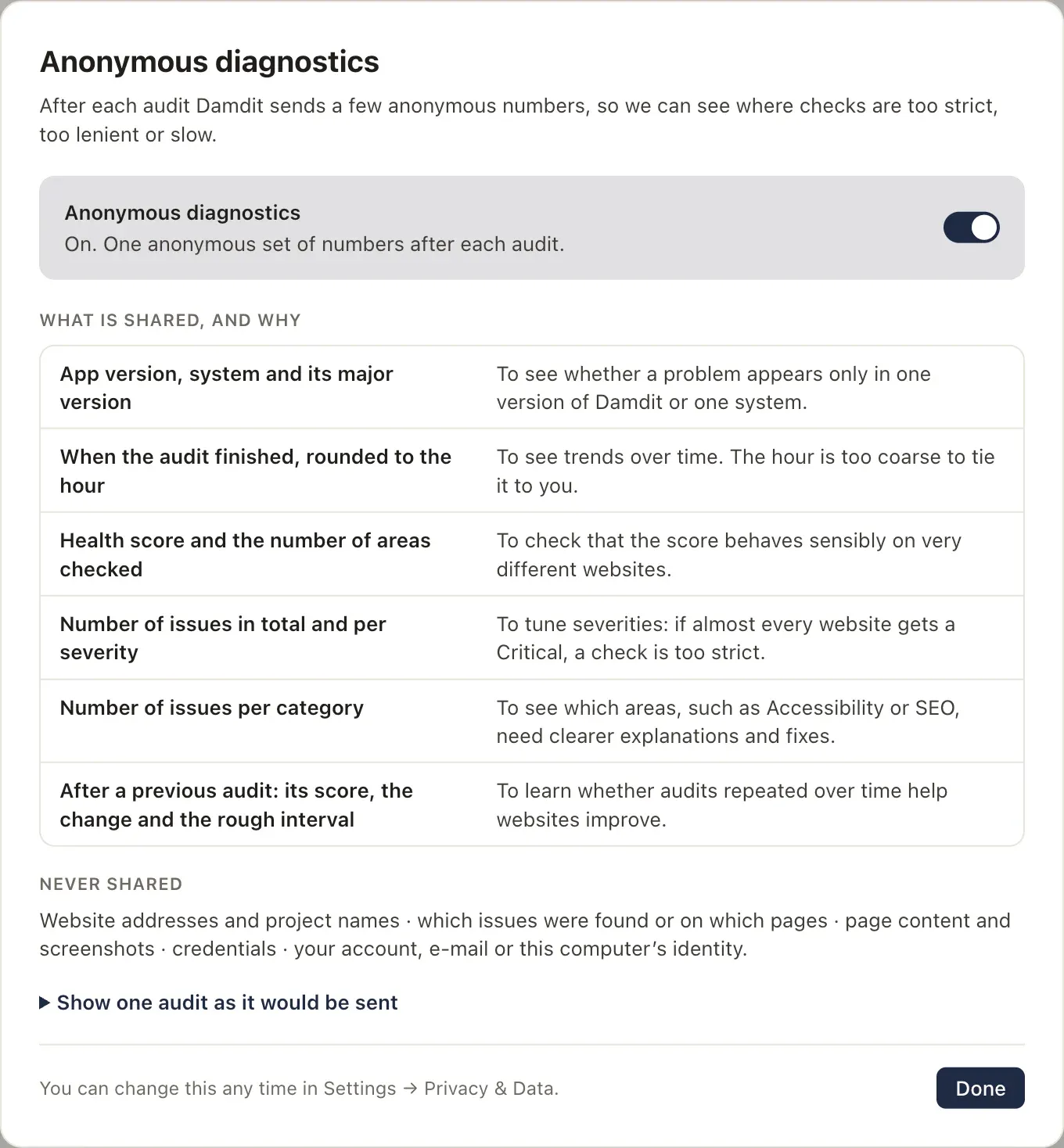 The Anonymous diagnostics dialog lists what is shared and why.