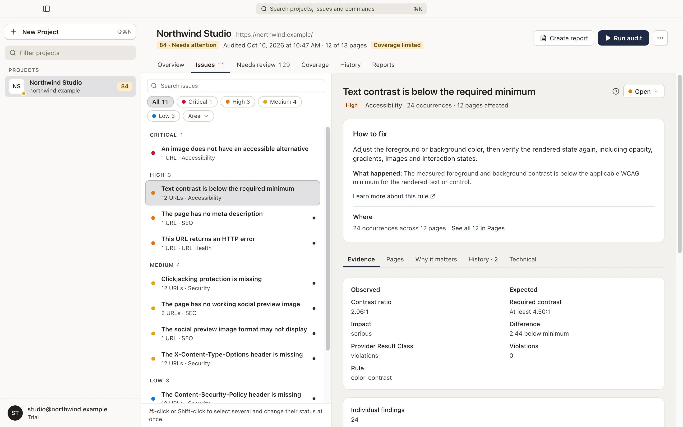 An issue’s detail: How to fix, Where, and the Evidence tab with the observed and expected values.