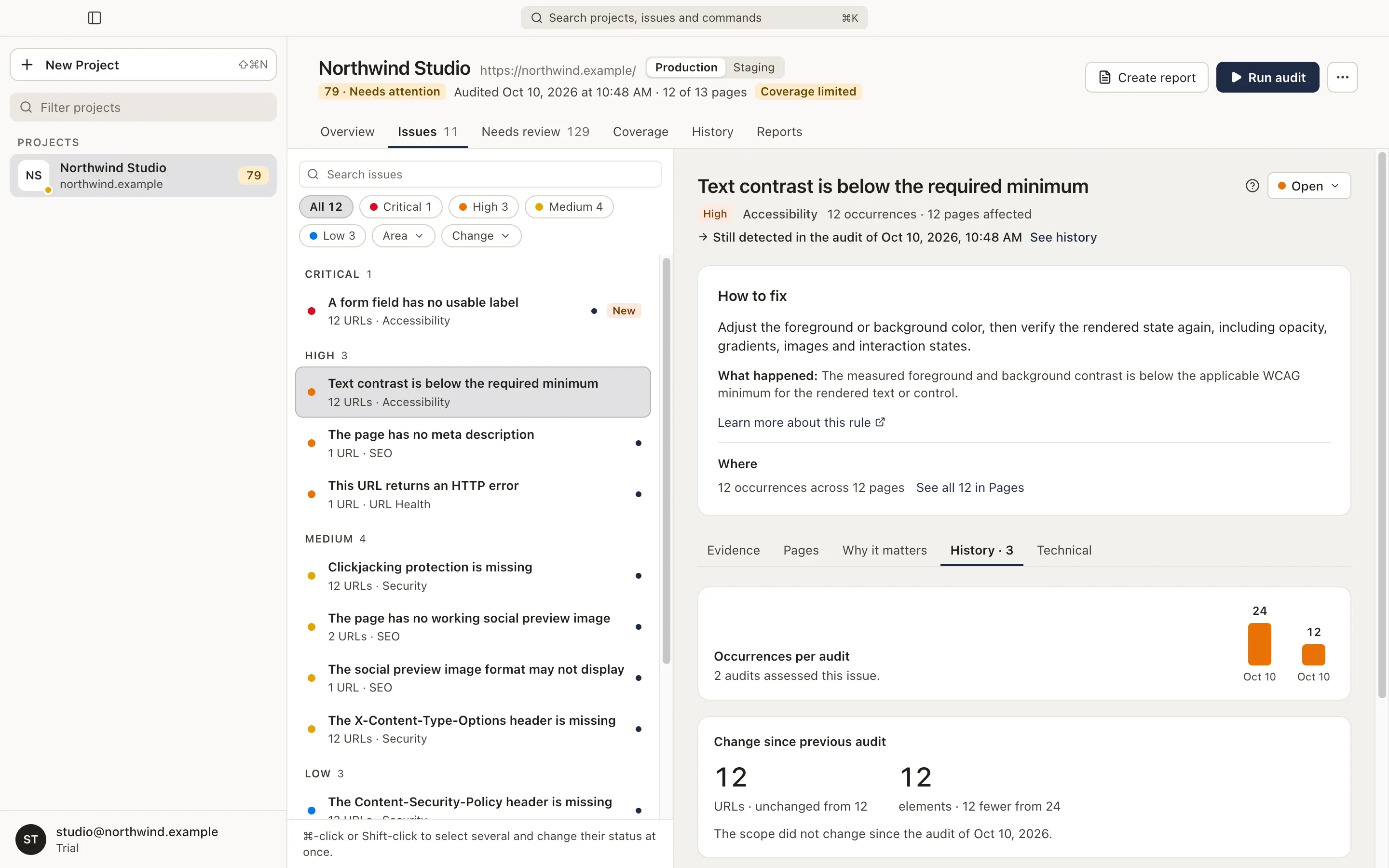 The History tab shows occurrences per audit and the status history.