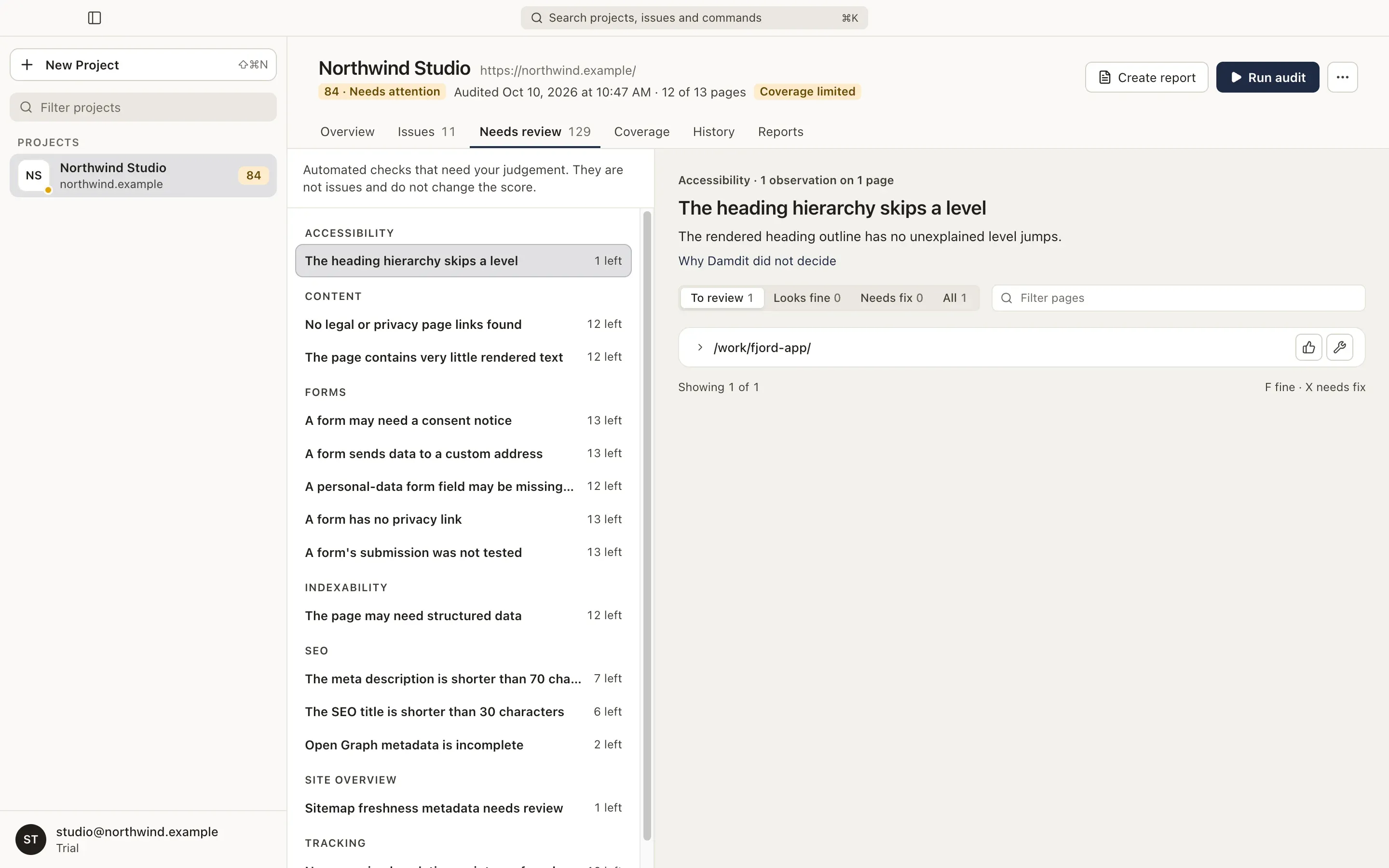 Needs review: checks by area on the left, the observations of one check on the right.