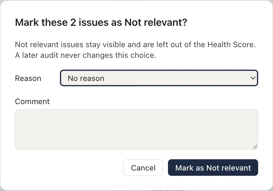 The Not relevant dialog with a reason and a comment.