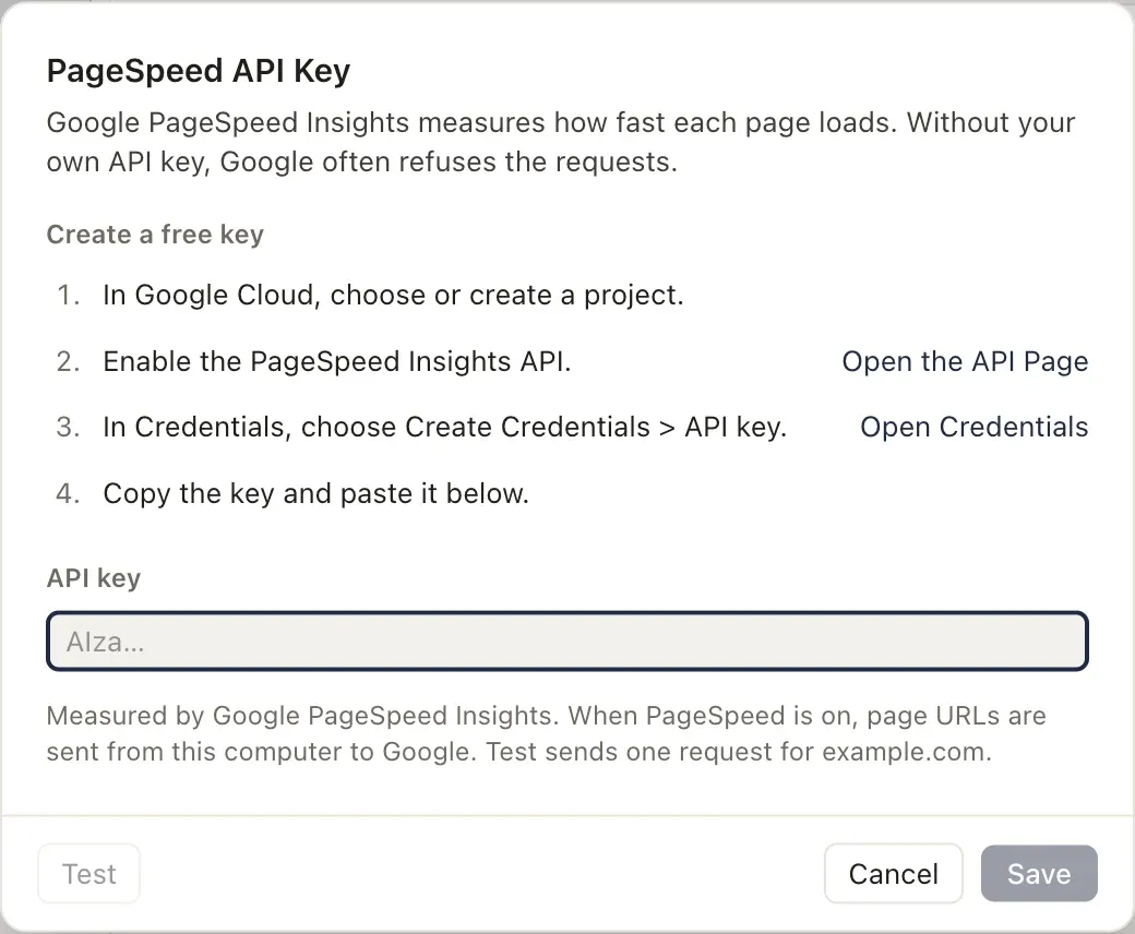 The PageSpeed API Key dialog with the steps to create a free key.