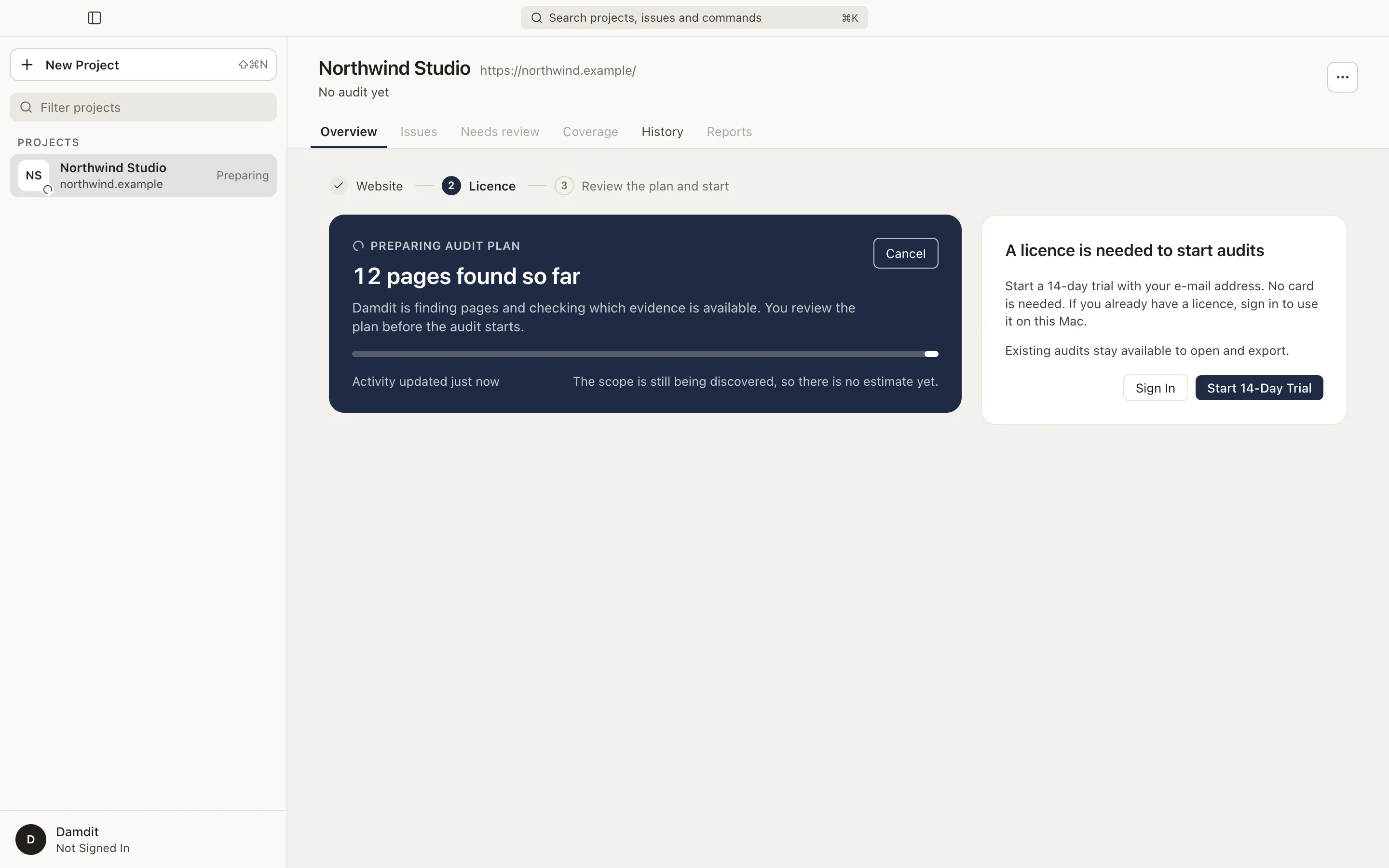 Preparing: Damdit finds the pages of the website.