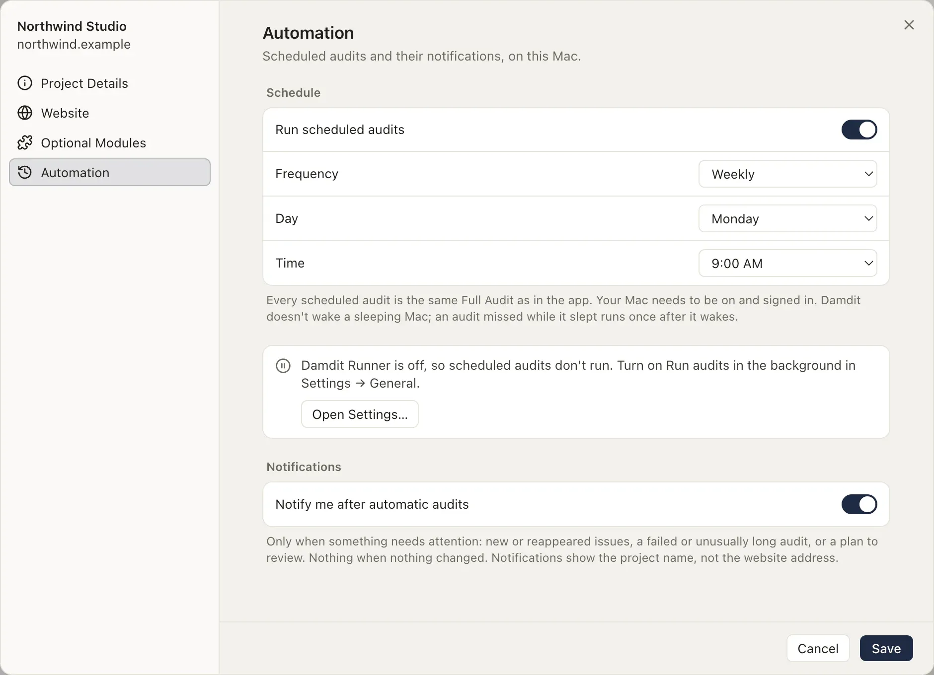 Project settings → Automation with a weekly schedule.