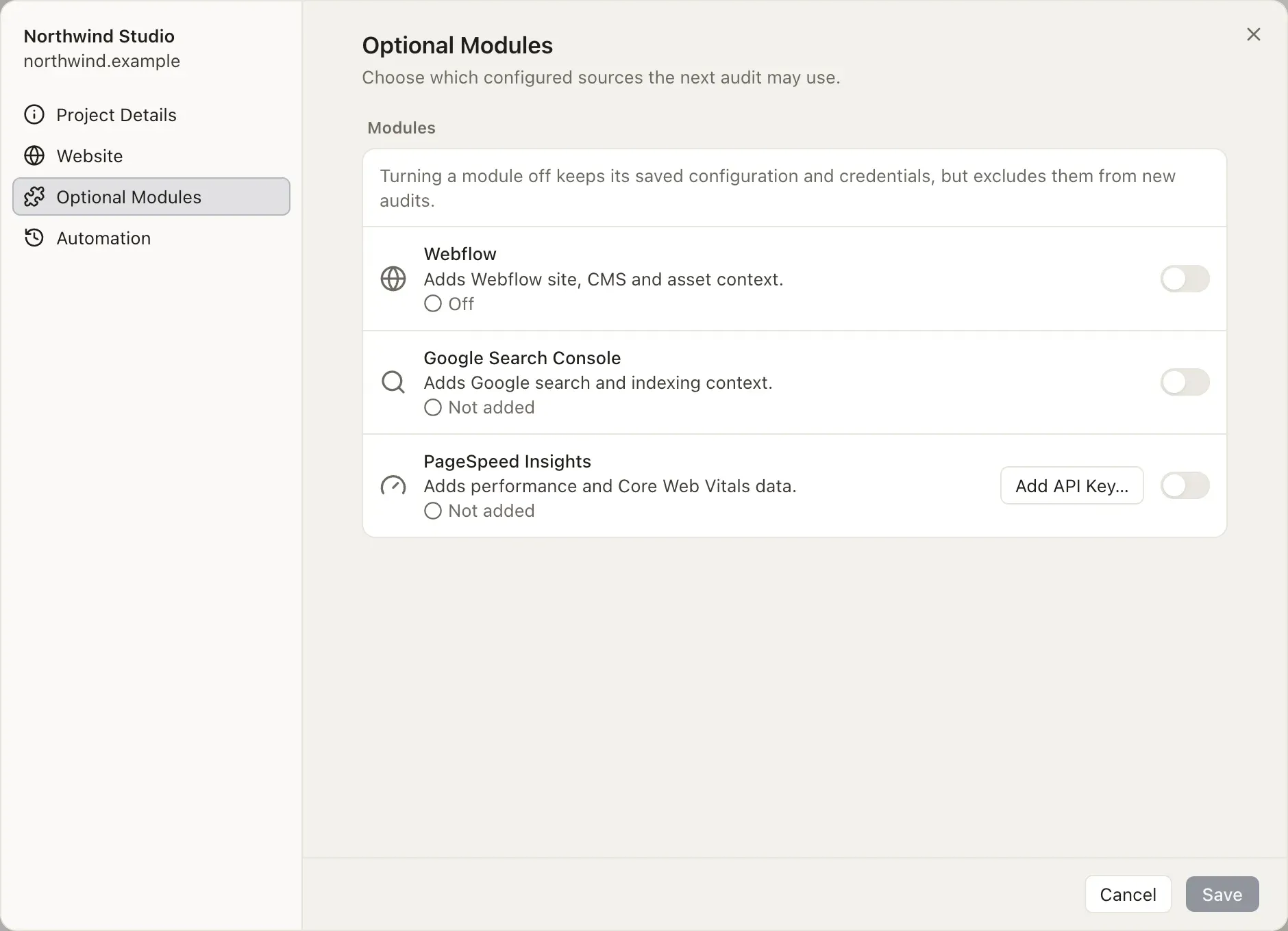 Optional Modules: Webflow, Google Search Console and PageSpeed Insights.
