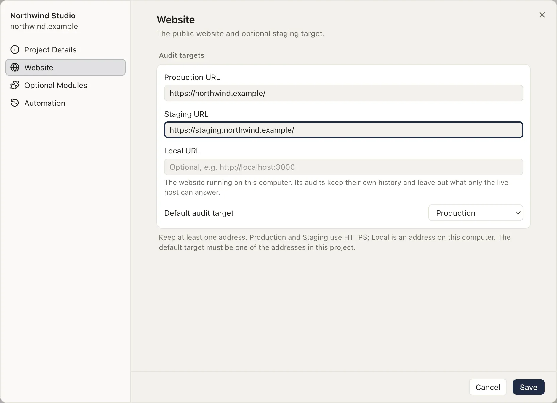 The Website section with the three addresses and the default target.