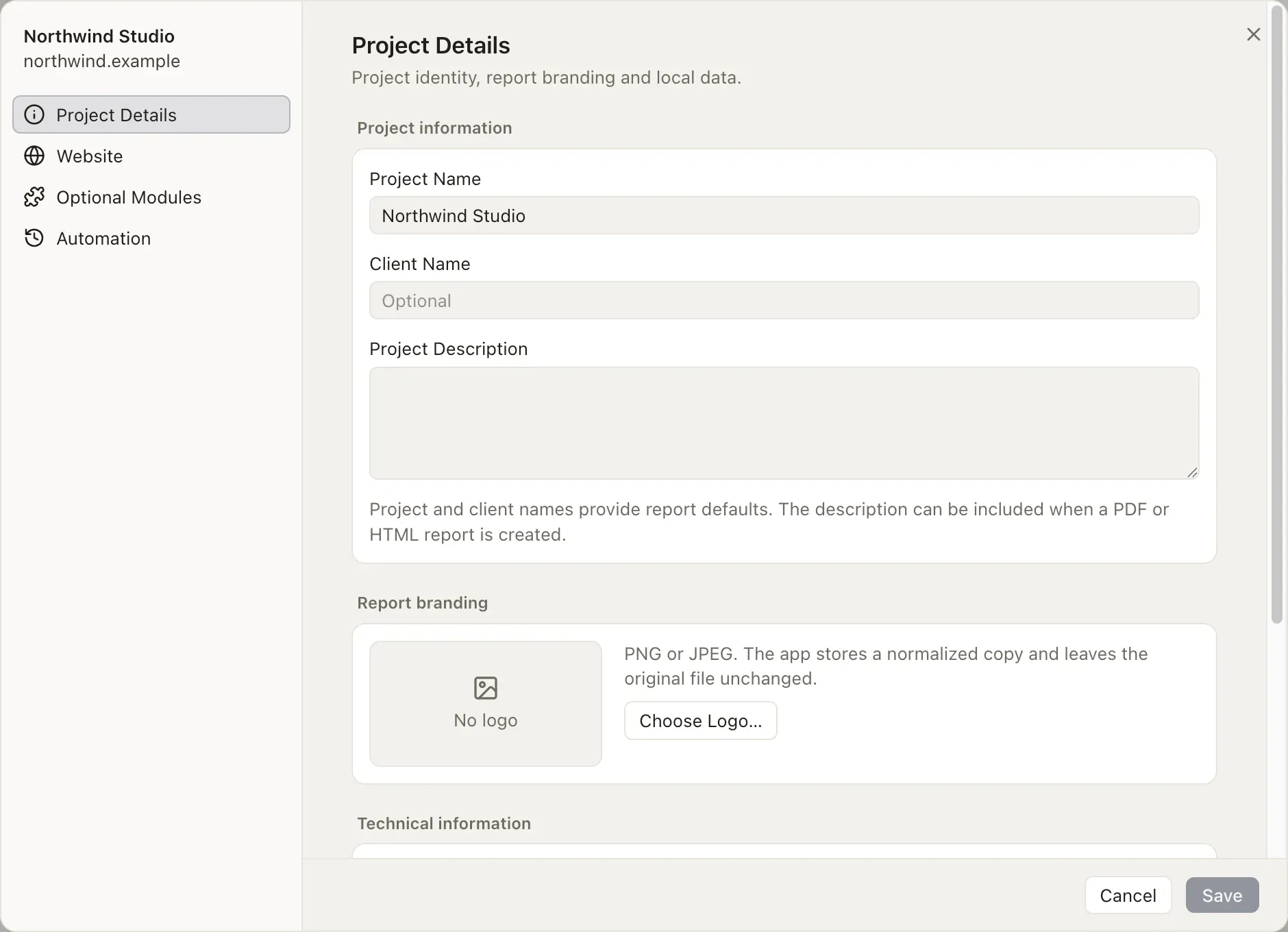 Project settings with its four sections.