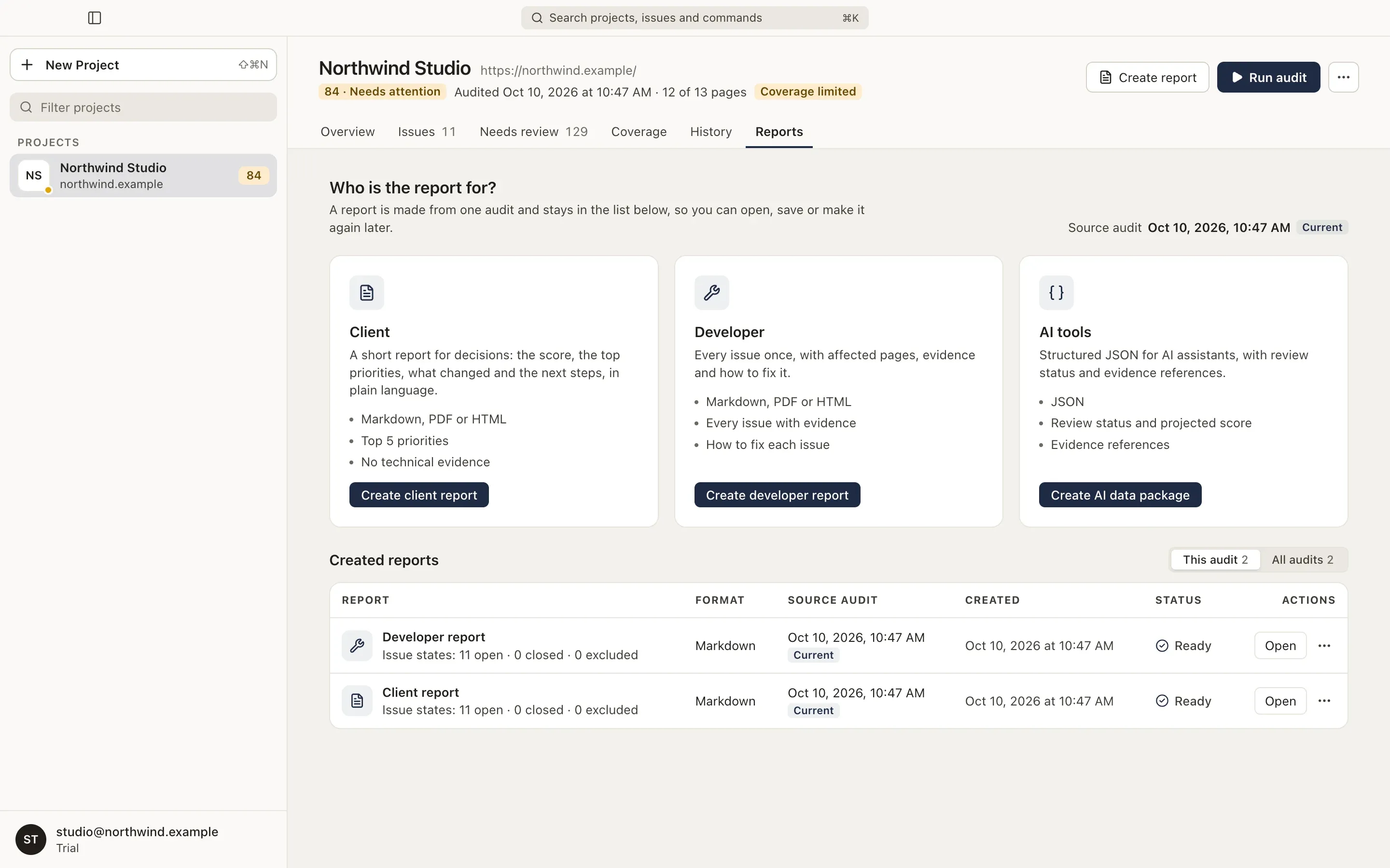 Reports: choose who the report is for, then find it in the list of created reports.