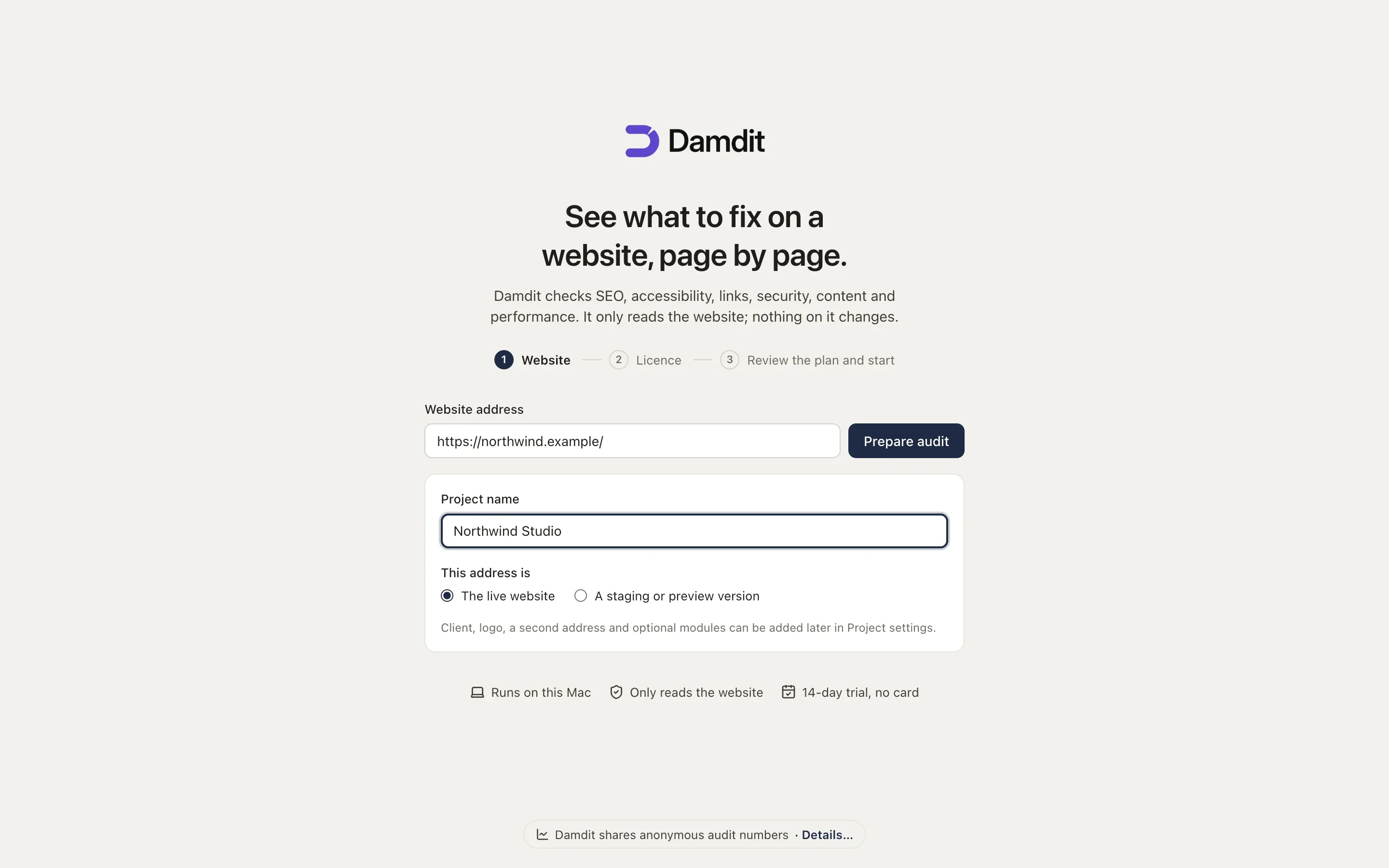 The welcome screen asks for the website address.