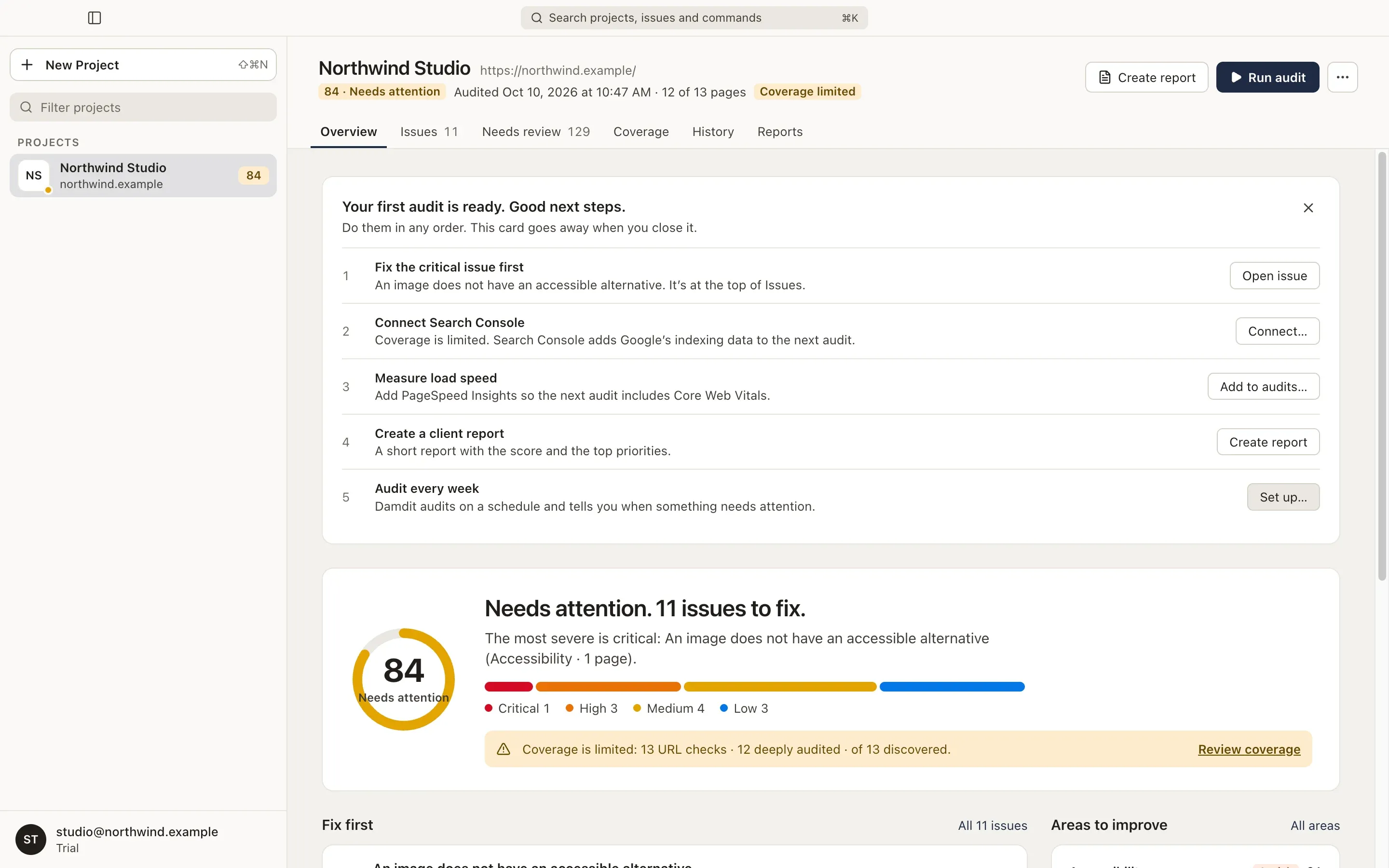The Overview of a Damdit project: what to do next, the health score and the issues to fix first.